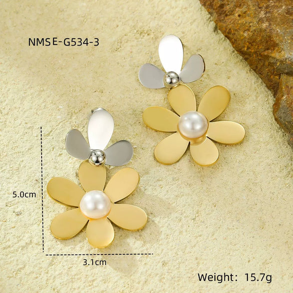 Vintage Stainless Steel Petal Tassel With Pearl Electroplated Women's Earrings