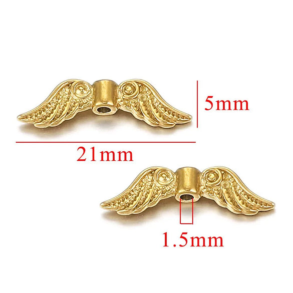 Vintage Stainless Steel Vacuum Gold Plated Wings Perforated Feather Pattern Round Bead Handmade Jewelry Accessories