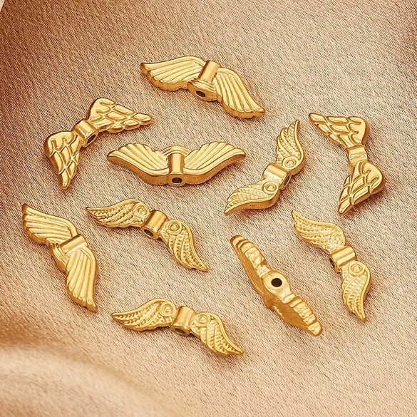 Vintage Stainless Steel Vacuum Gold Plated Wings Perforated Feather Pattern Round Bead Handmade Jewelry Accessories