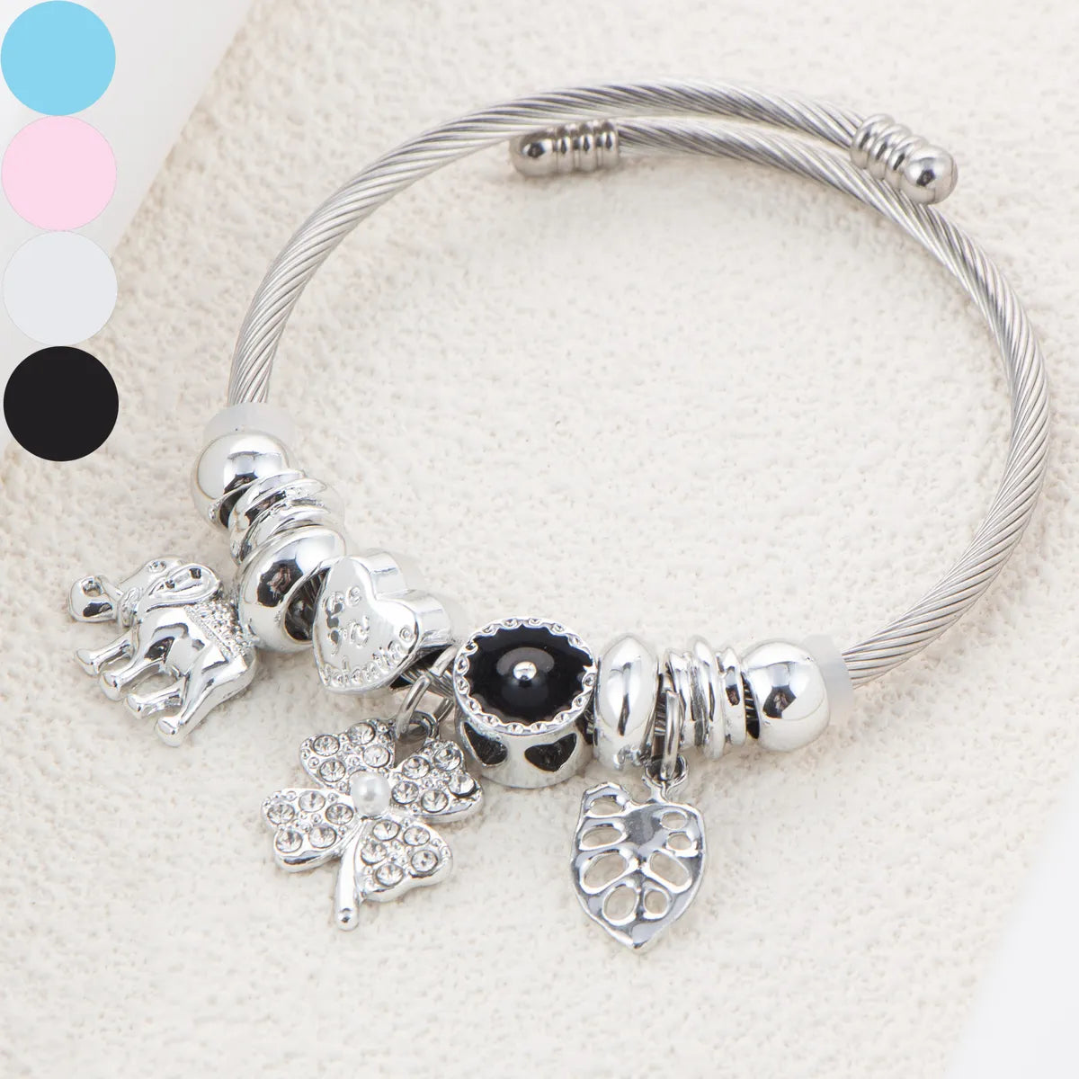 Vintage Style Artistic Four Leaf Clover Leaves Elephant Stainless Steel Plating Inlay Zircon Bangle