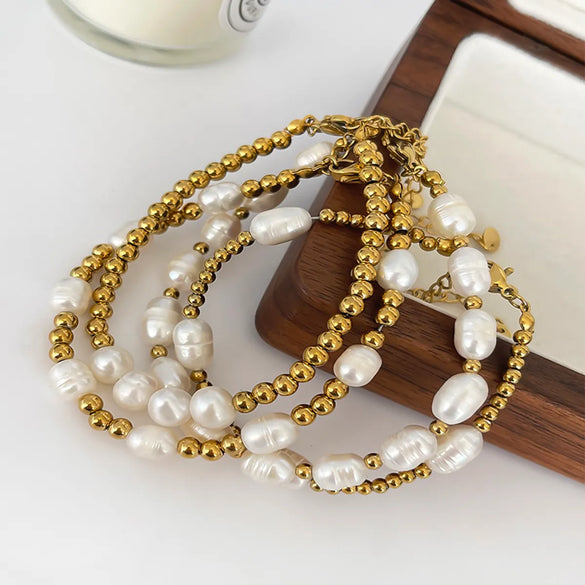 Vintage Style Baroque Style Geometric Round 316L Stainless Steel  Freshwater Pearl 18K Gold Plated Freshwater Pearl Bracelets In Bulk