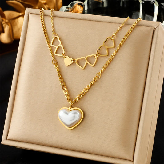 Vintage Style Baroque Style Heart Shape Titanium Steel Plating 18k Gold Plated Layered Necklaces