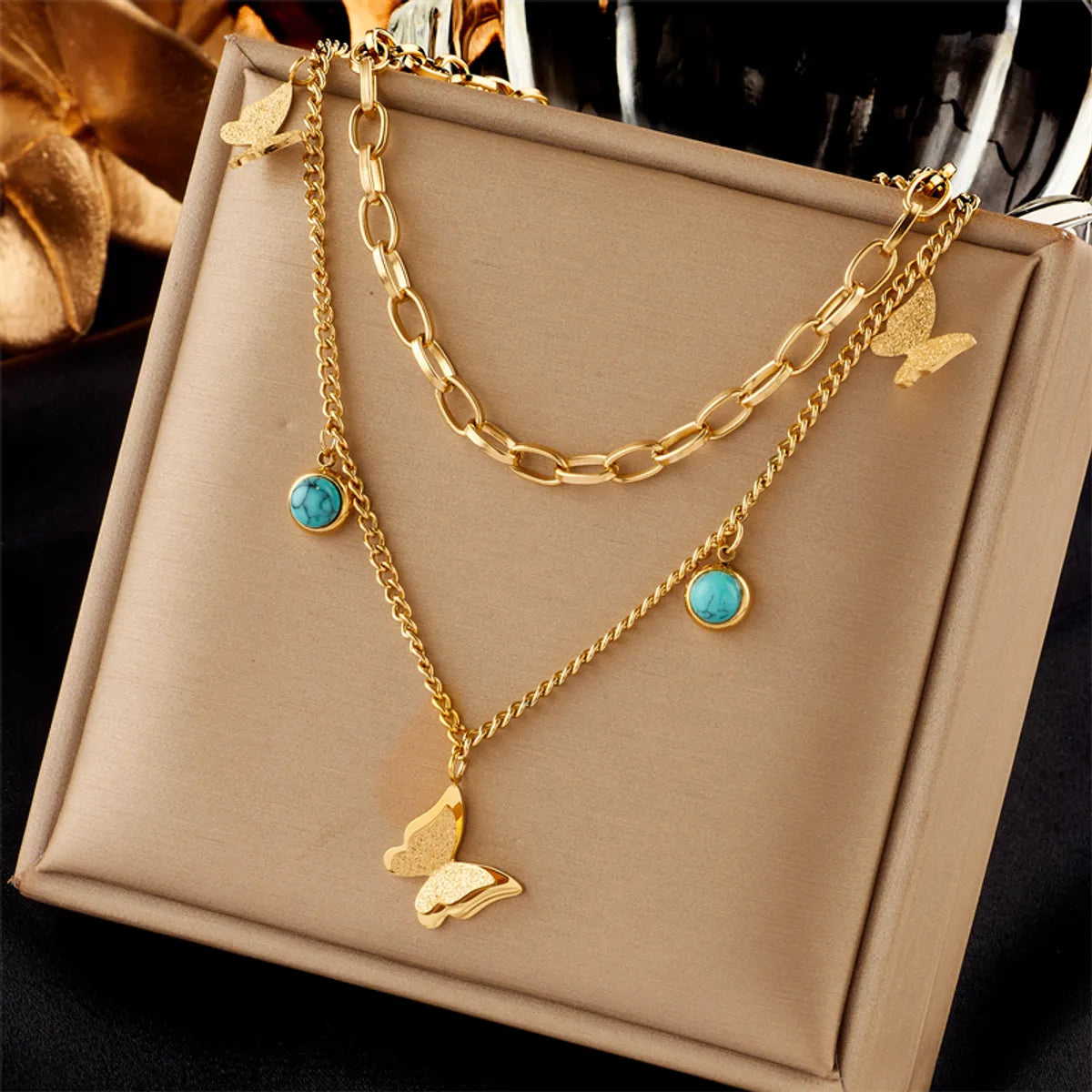 Vintage Style Butterfly Titanium Steel Layered Plating 18k Gold Plated Layered Necklaces