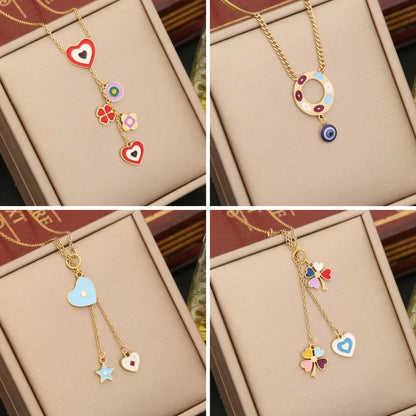 Vintage Style Devil'S Eye Star Heart Shape Stainless Steel Enamel Necklace