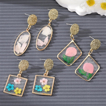 Vintage Style Dried Flower Daisy Oval Rhombus Pendant Earrings