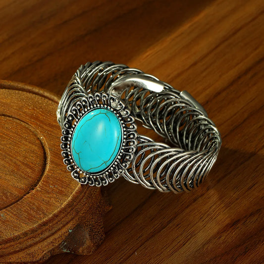 Vintage Style Ethnic Style Oval White Gold Plated Turquoise Alloy Wholesale Bangle