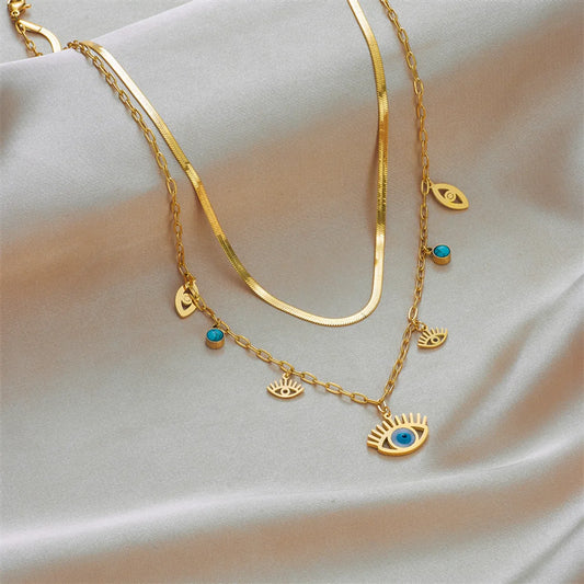 Vintage Style Eye Stainless Steel Layered Necklaces Gold Plated Turquoise Stainless Steel Necklaces