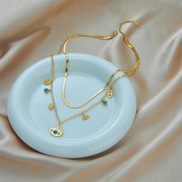 Vintage Style Eye Stainless Steel Layered Necklaces Gold Plated Turquoise Stainless Steel Necklaces