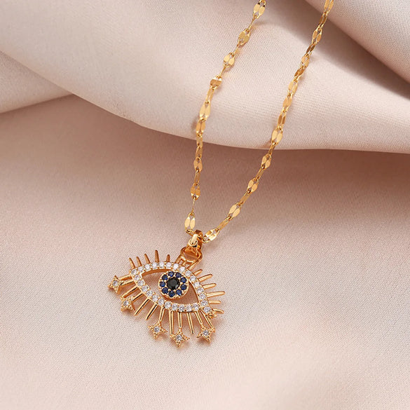 Vintage Style Eye Stainless Steel Pendant Necklace Inlay Rhinestone Stainless Steel Necklaces