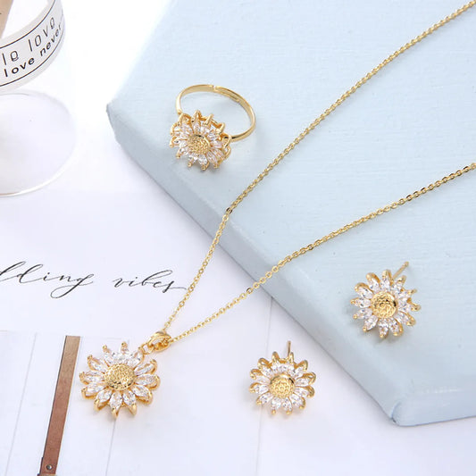 Vintage Style Flower Copper Plating Inlay Artificial Crystal Rings Earrings Necklace