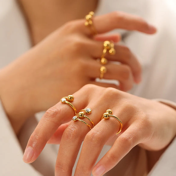 Vintage Style French Style Ball Stainless Steel Plating Inlay Zircon 18k Gold Plated Open Rings
