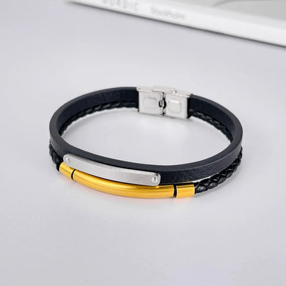 Vintage Style Geometric 304 Stainless Steel Pu Leather Men'S Bangle