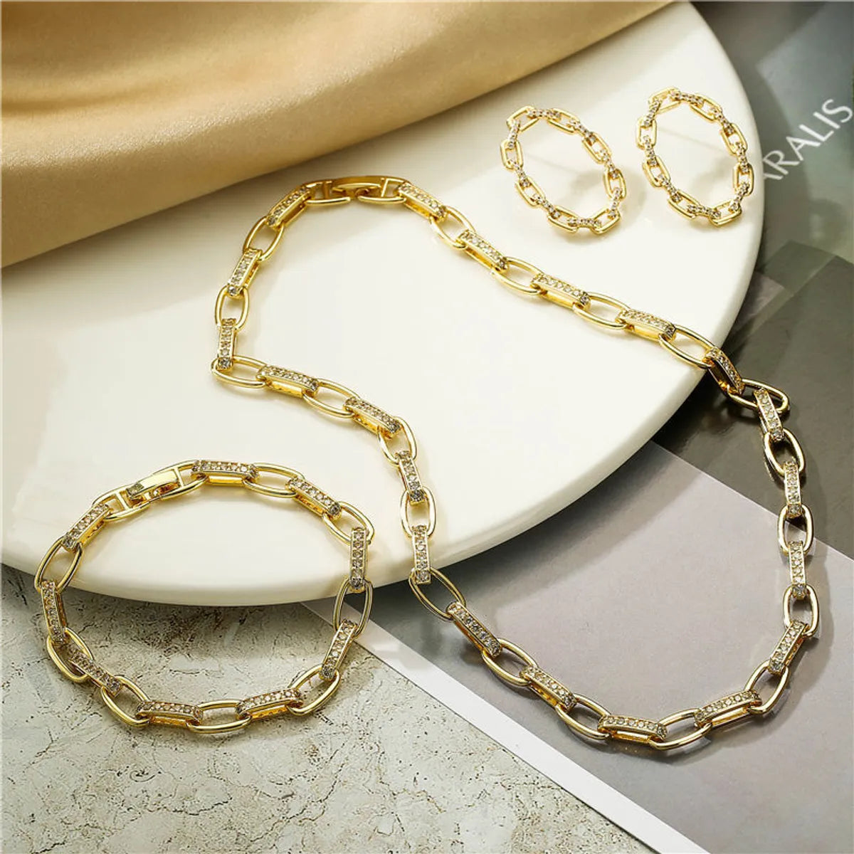 Vintage Style Geometric Copper Plating Inlay Zircon 18k Gold Plated Bracelets Earrings Necklace