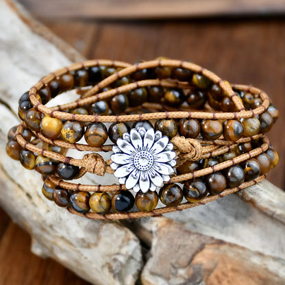 Vintage Style Handmade Ethnic Style Flower Alloy Natural Stone Rope Beaded Knitting Bracelets