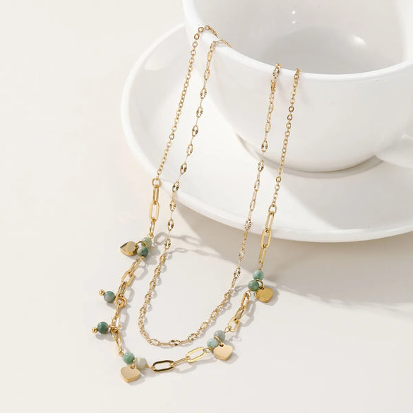 Vintage Style Heart Shape Arylic Titanium Steel Plating 14k Gold Plated Layered Necklaces