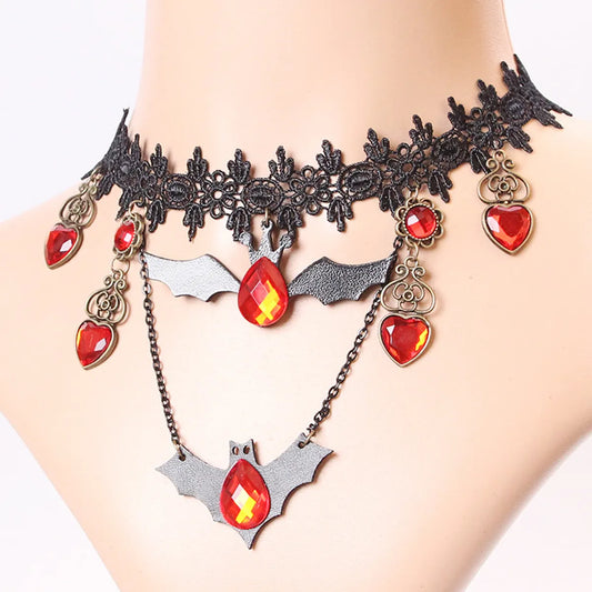 Vintage Style Heart Shape Flower Bat Pu Leather Alloy Lace Inlay Rhinestones Halloween Women's Necklace