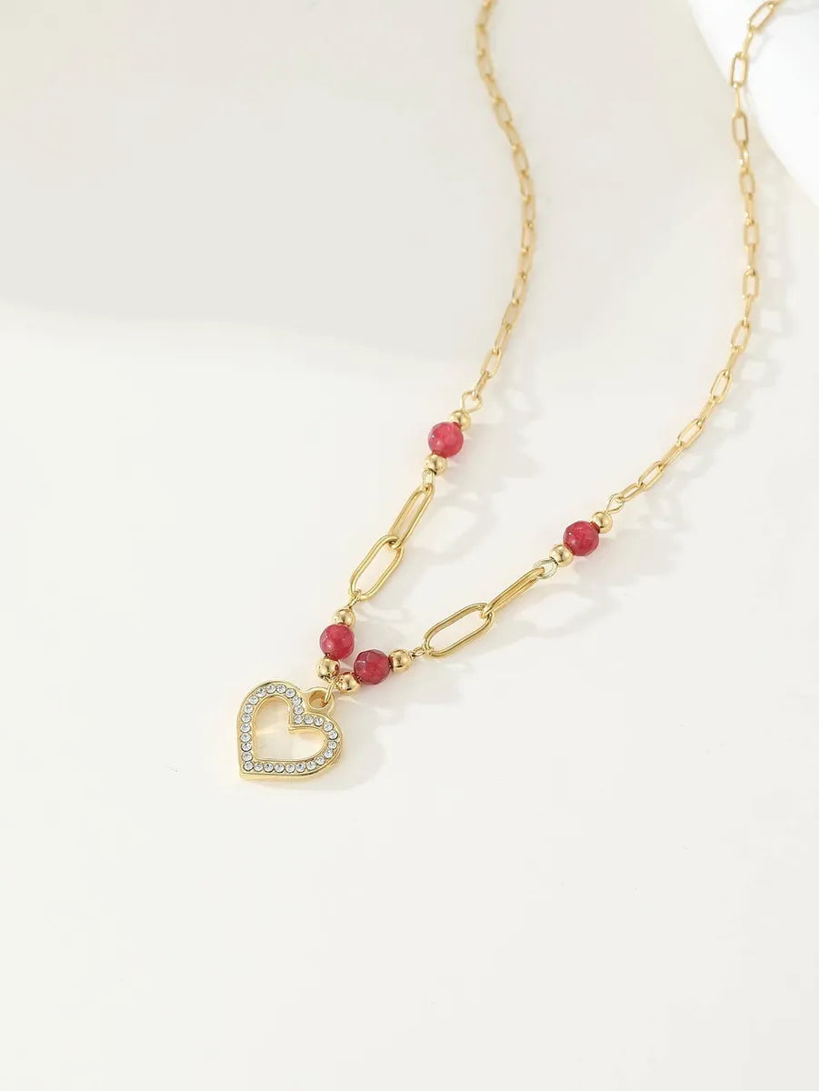 Vintage Style Heart Shape Stainless Steel Plating Inlay Zircon 18k Gold Plated Pendant Necklace