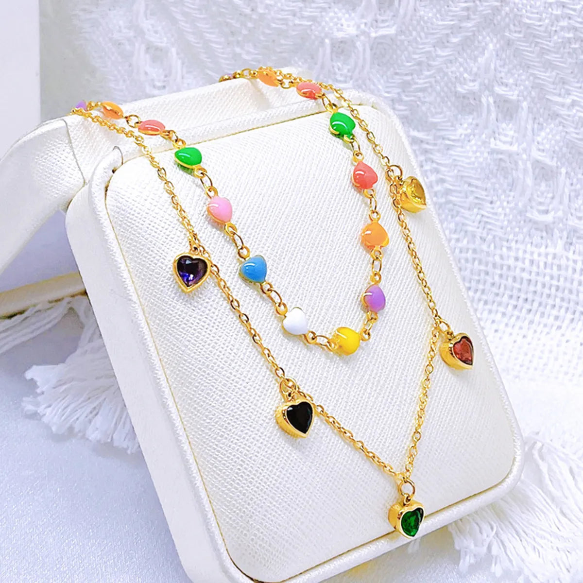 Wholesale Jewelry Vintage Style Heart Shape Titanium Steel Zircon Enamel Plating Inlay Pendant Necklace