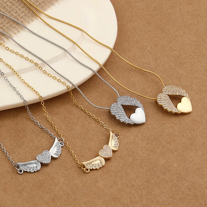 Vintage Style Heart Shape Wings Stainless Steel Plating Inlay Zircon 18k Gold Plated Pendant Necklace