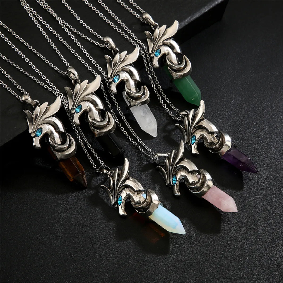 Vintage Style Hippocampus Stainless Steel Inlay Natural Stone Pendant Necklace