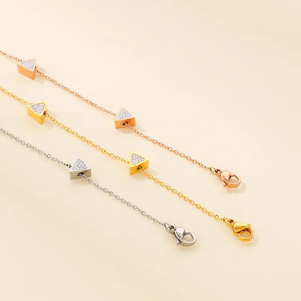 Vintage Style Lady Triangle Geometric Titanium Steel 18K Gold Plated Rhinestones Bracelets In Bulk