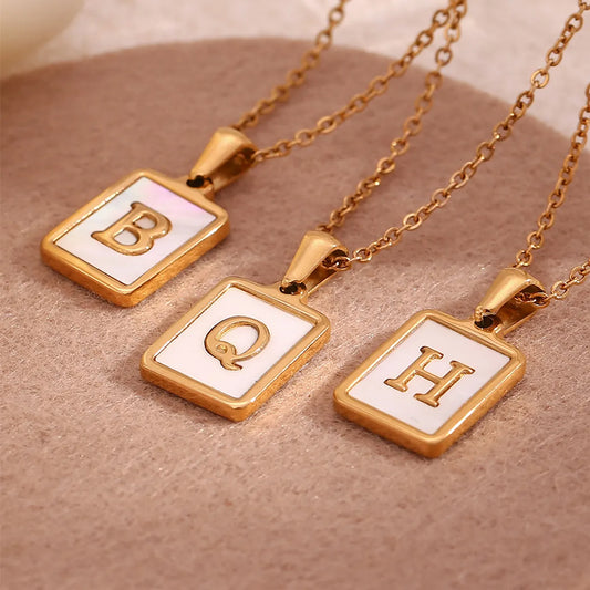 Vintage Style Letter Square Stainless Steel Plating Inlay Shell 18k Gold Plated Pendant Necklace