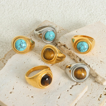 Vintage Style Luxurious Geometric Tiger Eye Titanium Steel Plating Inlay Artificial Gemstones Turquoise 18k Gold Plated Women's Rings