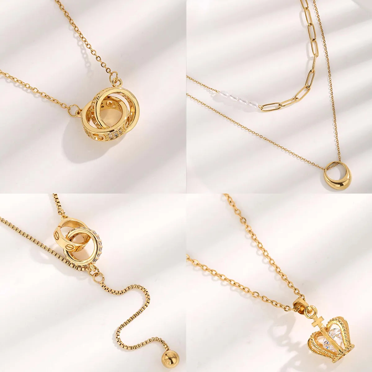 Vintage Style Luxurious Roman Style Double Ring Crown Rectangle Titanium Steel Plating Inlay Artificial Pearls Zircon Gold Plated Pendant Necklace