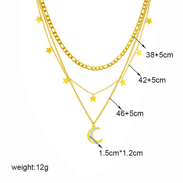 Vintage Style Moon Titanium Steel Plating 18k Gold Plated Layered Necklaces