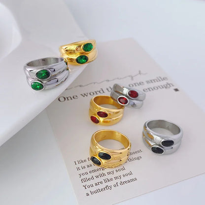 Titanium Steel 18K Gold Plated Vintage Style Plating Inlay Oval Zircon Rings