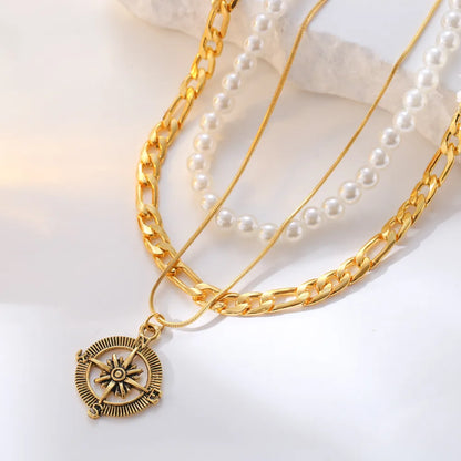 Vintage Style Punk Compass Alloy Beaded Plating White Gold Plated Men'S Pendant Necklace