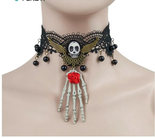 Vintage Style Punk Hand Flower Skull Alloy Lace Halloween Women's Choker