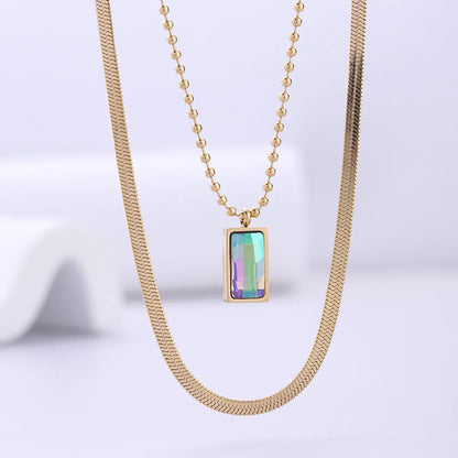 Vintage Style Rectangle Stainless Steel Plating Inlay Crystal 18k Gold Plated Pendant Necklace