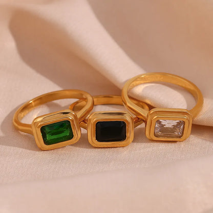 Wholesale Jewelry Vintage Style Rectangle 304 Stainless Steel Zircon 18K Gold Plated Plating Inlay Rings