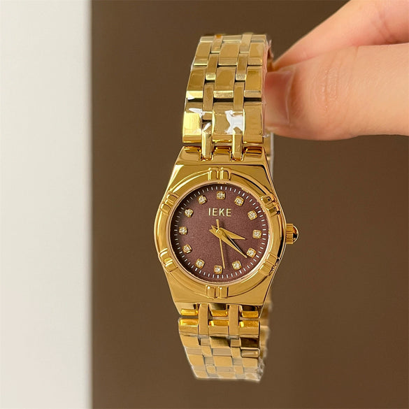 Vintage Style Round Diamond Dial Quartz Watch For Women With Stainless Steel Case And Buckle