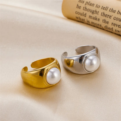 Vintage Style Round Stainless Steel Inlay Pearl Open Rings