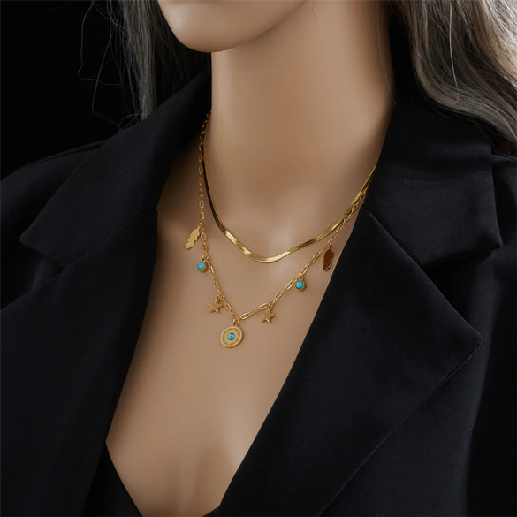Vintage Style Round Stainless Steel Layered Necklaces Gold Plated Stainless Steel Necklaces