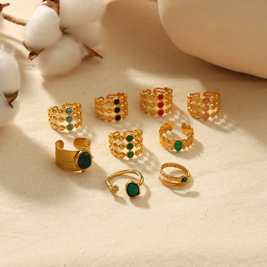 Vintage Style Round Stainless Steel Polishing Plating Inlay Natural Stone 18k Gold Plated Open Rings