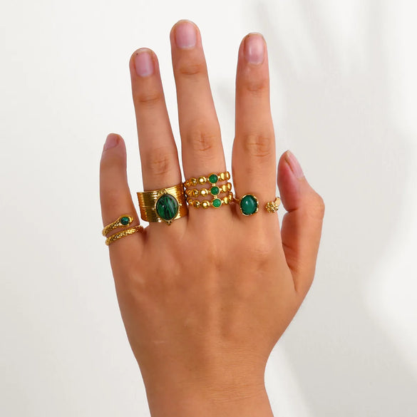 Vintage Style Round Stainless Steel Polishing Plating Inlay Natural Stone 18k Gold Plated Open Rings