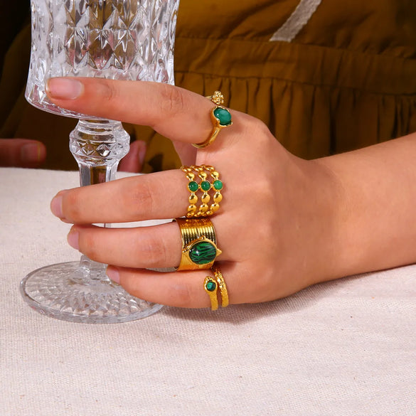 Vintage Style Round Stainless Steel Polishing Plating Inlay Natural Stone 18k Gold Plated Open Rings