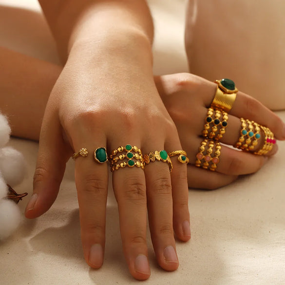 Vintage Style Round Stainless Steel Polishing Plating Inlay Natural Stone 18k Gold Plated Open Rings