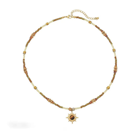 Vintage Style Round Sun 18K Gold Plated Agate Seed Bead Tiger Eye Copper Wholesale Pendant Necklace