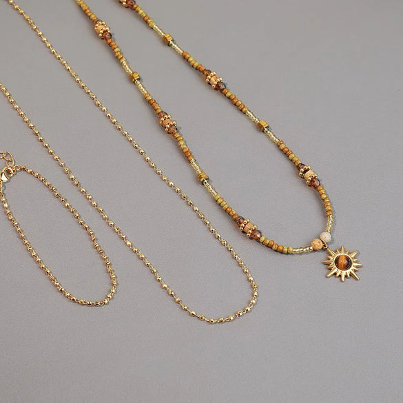 Vintage Style Round Sun 18K Gold Plated Agate Seed Bead Tiger Eye Copper Wholesale Pendant Necklace