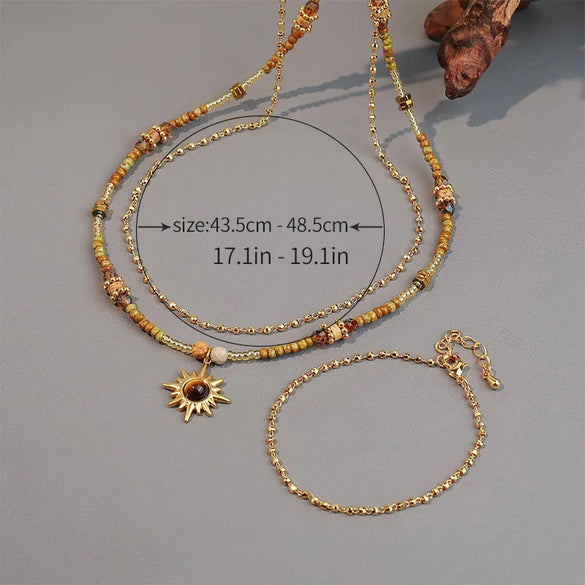 Vintage Style Round Sun 18K Gold Plated Agate Seed Bead Tiger Eye Copper Wholesale Pendant Necklace