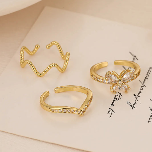 Vintage Style Simple Style Butterfly Copper Plating Inlay Zircon 18k Gold Plated Open Rings