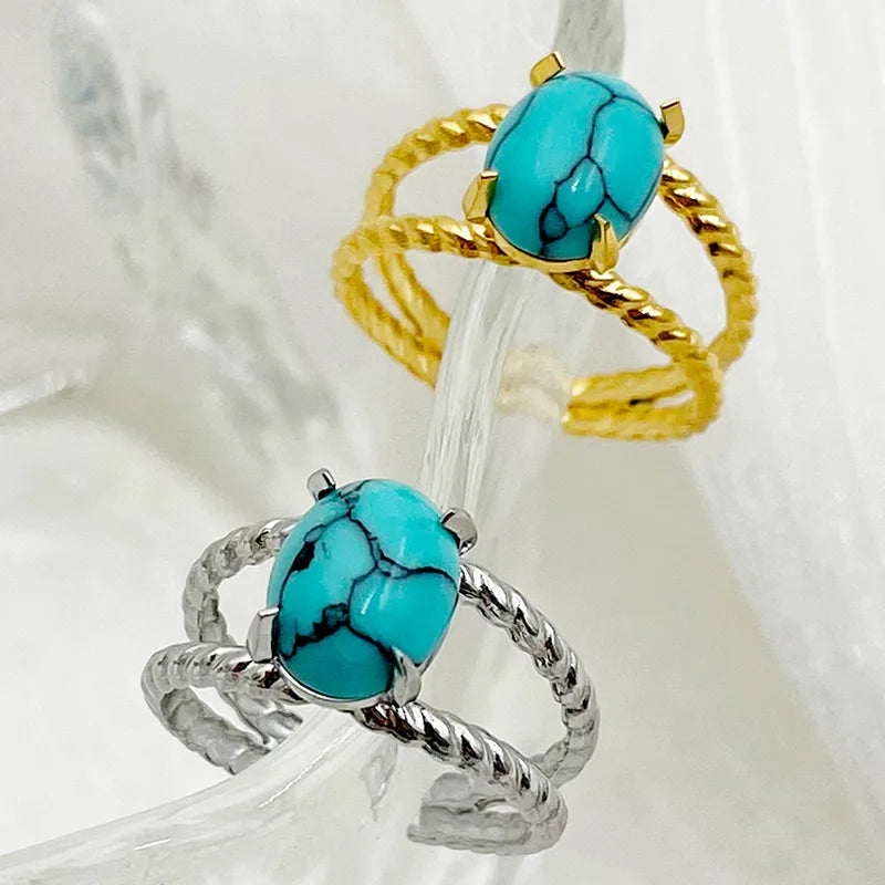 304 Stainless Steel Gold Plated Vintage Style Simple Style Plating Inlay Oval Turquoise Rings