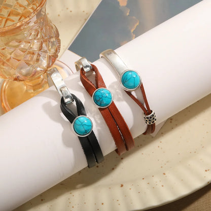 Vintage Style Simple Style Round Alloy Leather Rope Inlay Turquoise Unisex Wristband