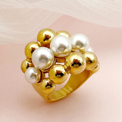 Vintage Style Simple Style Round Stainless Steel Plating Hollow Out Inlay Artificial Pearls Gold Plated Rings