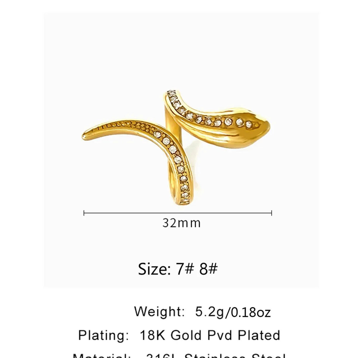 Wholesale Jewelry Vintage Style Snake Stainless Steel Rhinestones 18K Gold Plated Plating Inlay Rings