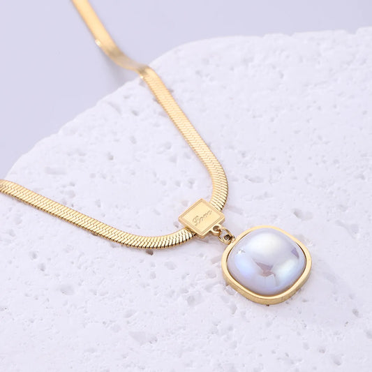 Vintage Style Square Stainless Steel Plating Inlay Pearl 18k Gold Plated Pendant Necklace